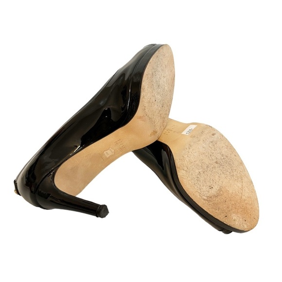 Stuart Weitzman Black Perforated Peep Toe Patent Leather Heel Pumps - Picture 12 of 12